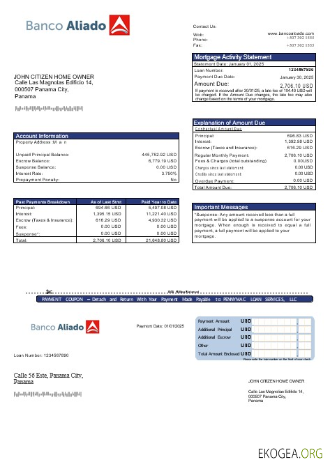Relevé hypothécaire de Panama Banco Aliado aux formats Word et PDF